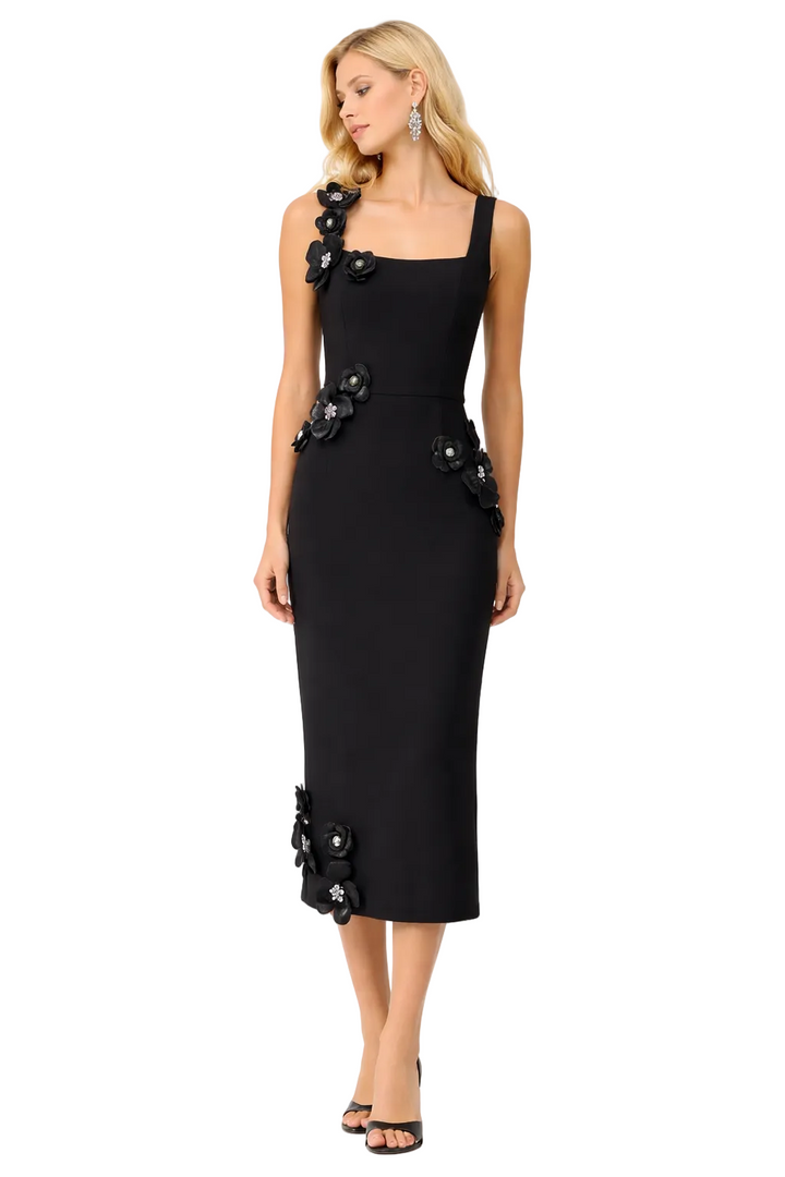 sleeveless square-neck midi dress with floral appliqué – PETAL