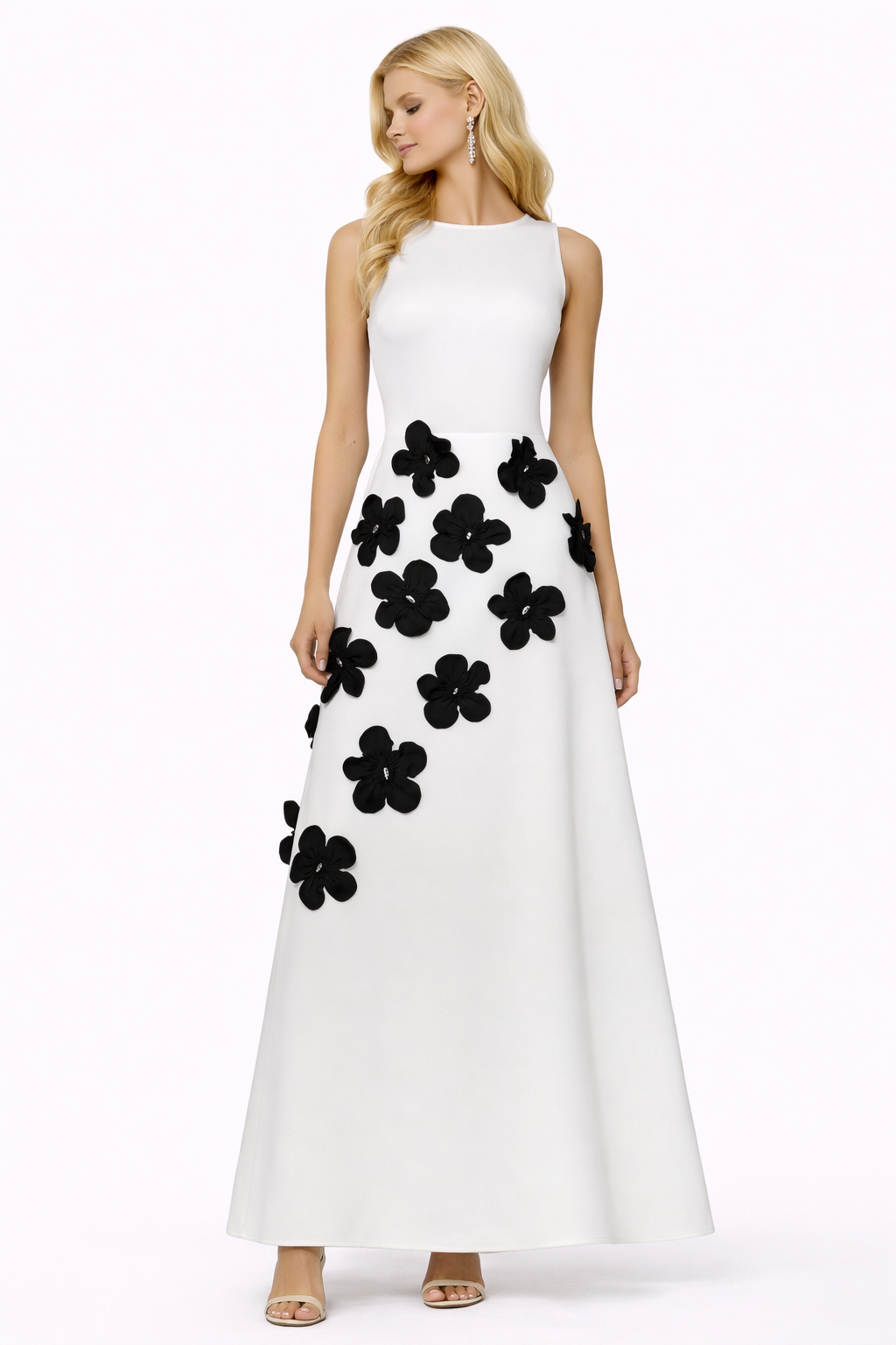 sleeveless A-line midi dress with contrast floral appliqué – FALIIN