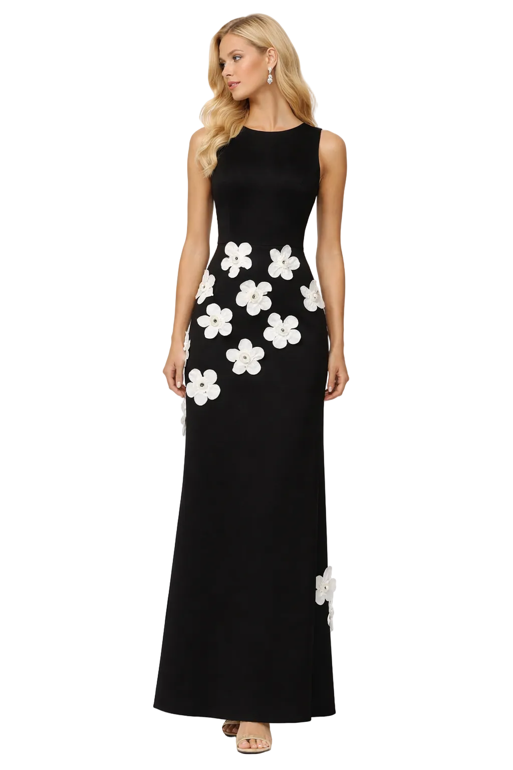 sleeveless A-line midi dress with contrast floral appliqué – FALIIN
