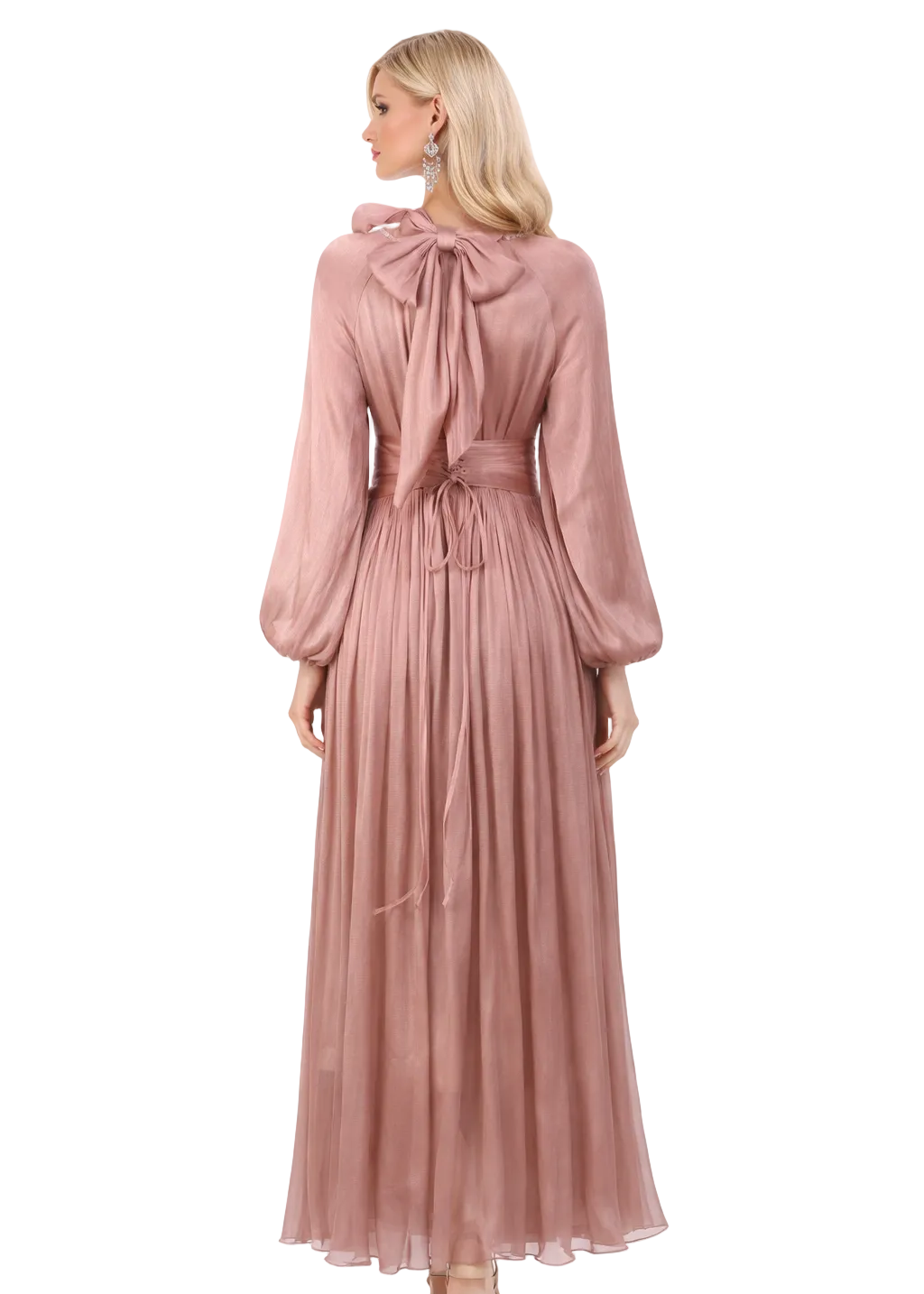high-neck pleated maxi dress with floral shoulder detail – DUSTY