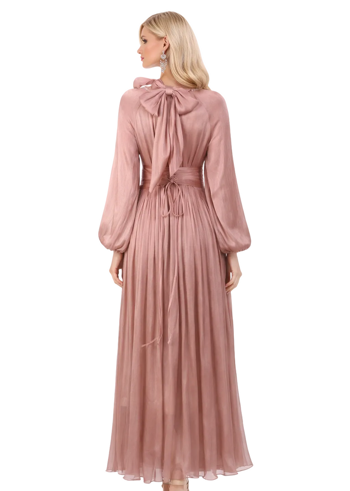 high-neck pleated maxi dress with floral shoulder detail – DUSTY