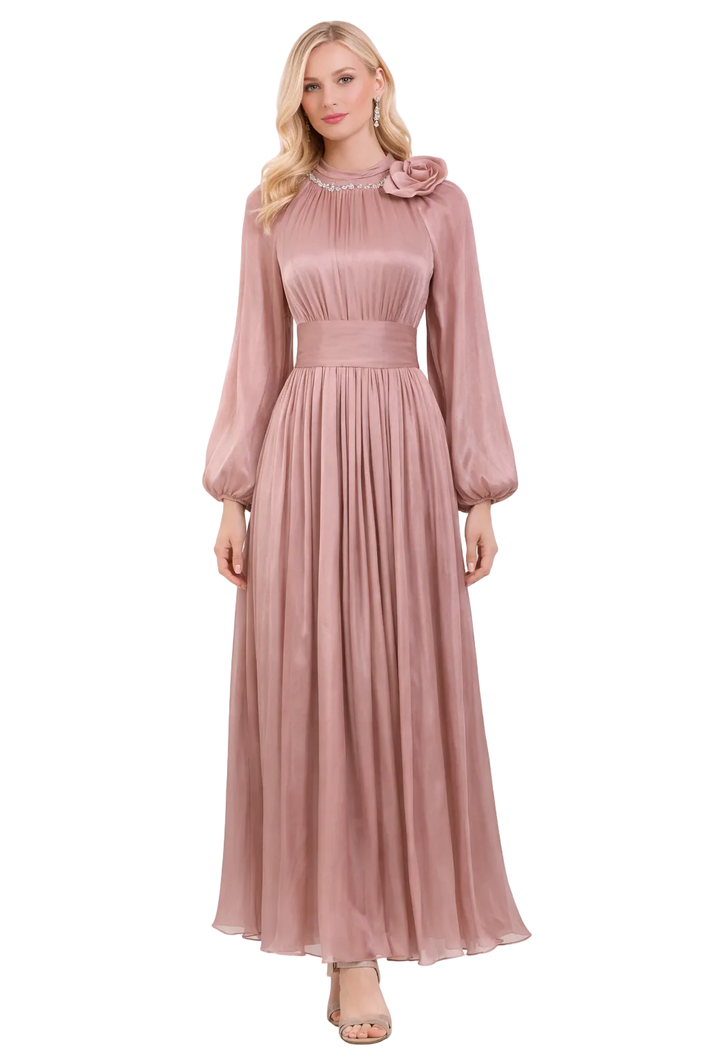 high-neck pleated maxi dress with floral shoulder detail – DUSTY
