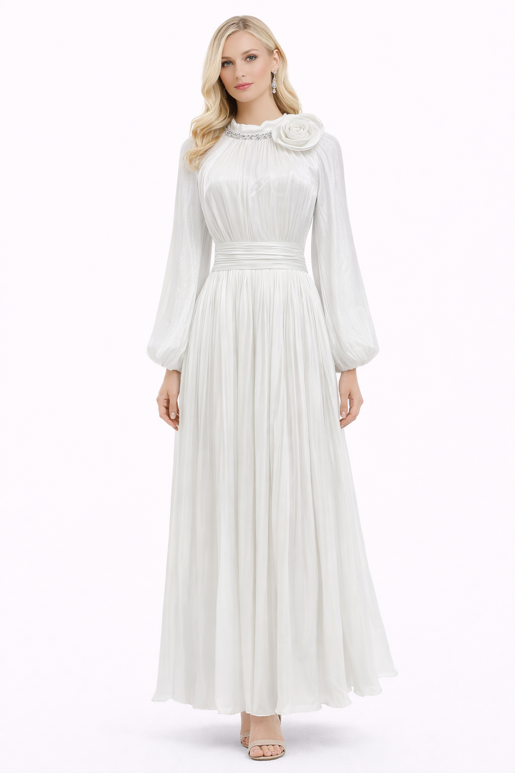 high-neck pleated maxi dress with floral shoulder detail – DUSTY