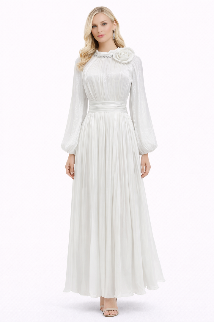 high-neck pleated maxi dress with floral shoulder detail – DUSTY