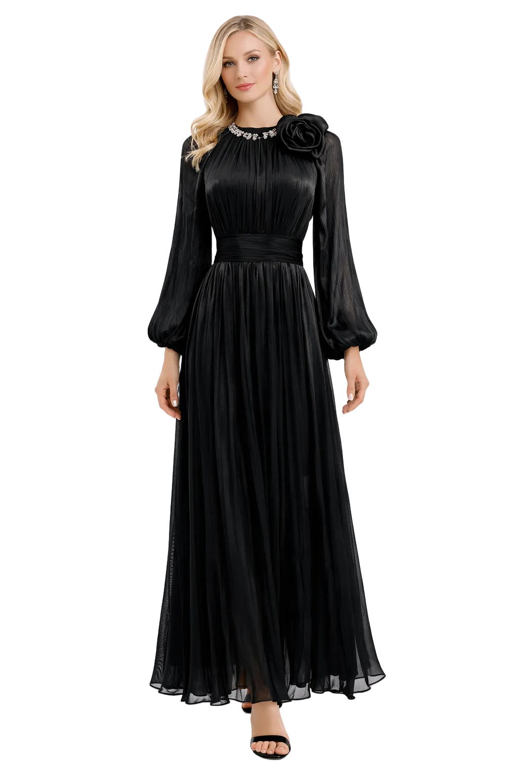 high-neck pleated maxi dress with floral shoulder detail – DUSTY
