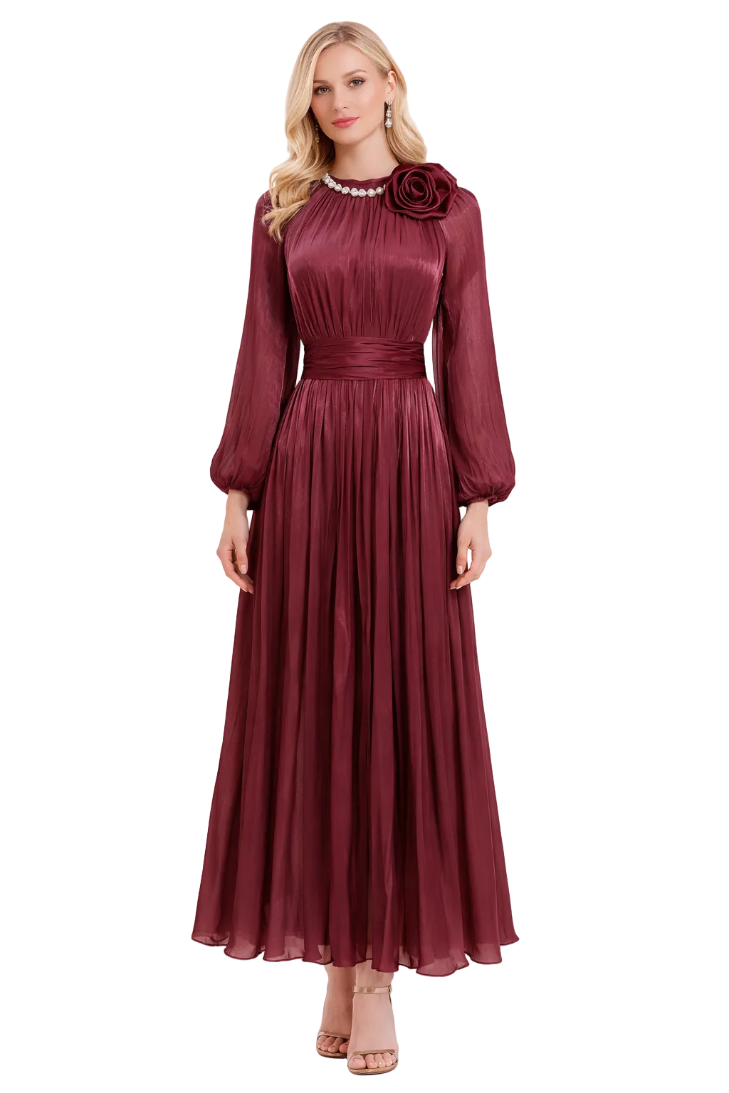 high-neck pleated maxi dress with floral shoulder detail – DUSTY