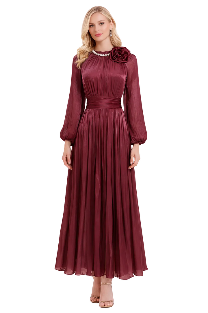 high-neck pleated maxi dress with floral shoulder detail – DUSTY