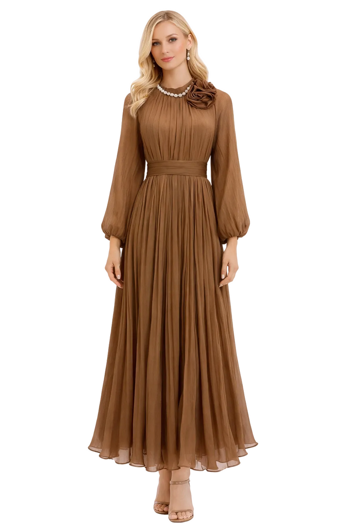 high-neck pleated maxi dress with floral shoulder detail – DUSTY