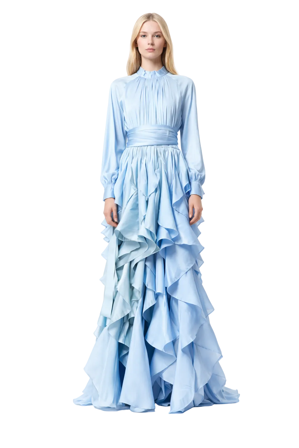 high-neck pleated bodice gown with cascading ruffle skirt – CASCADE