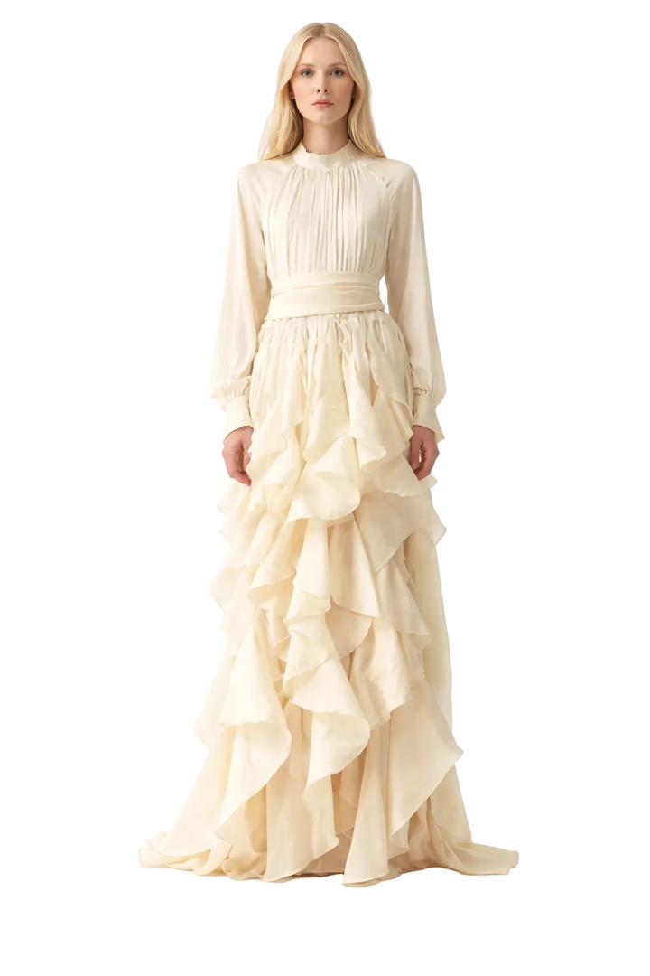 high-neck pleated bodice gown with cascading ruffle skirt – CASCADE