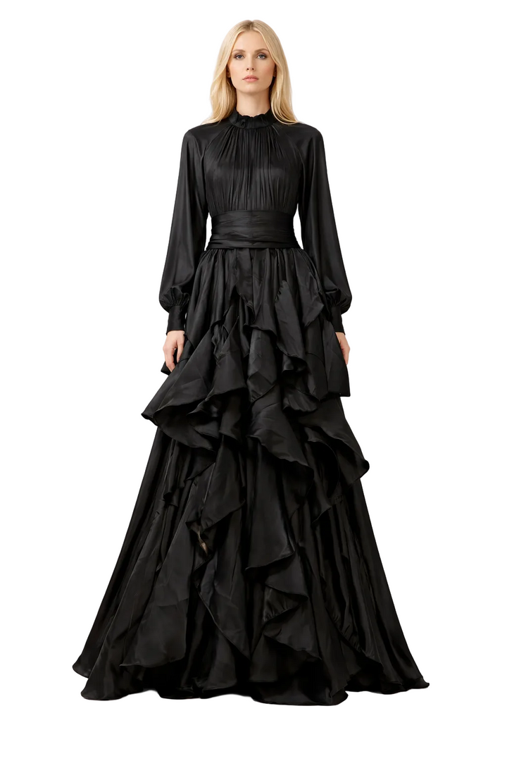 high-neck pleated bodice gown with cascading ruffle skirt – CASCADE