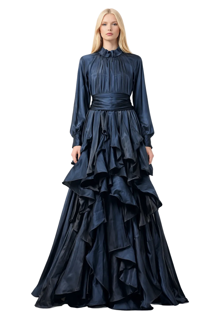 high-neck pleated bodice gown with cascading ruffle skirt – CASCADE