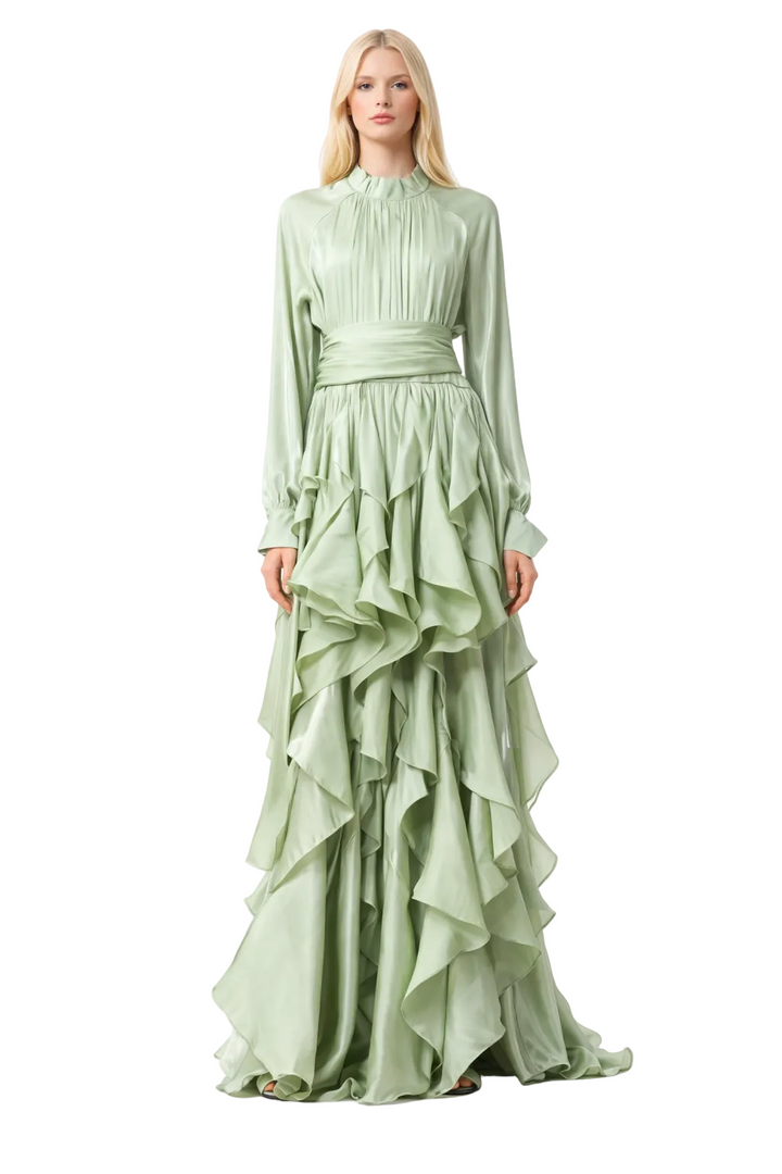 high-neck pleated bodice gown with cascading ruffle skirt – CASCADE