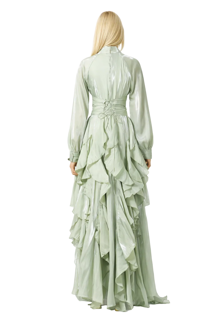 high-neck pleated bodice gown with cascading ruffle skirt – CASCADE