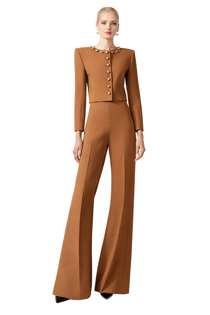 structured cropped jacket with gold button detail and wide-leg trousers – REGAL