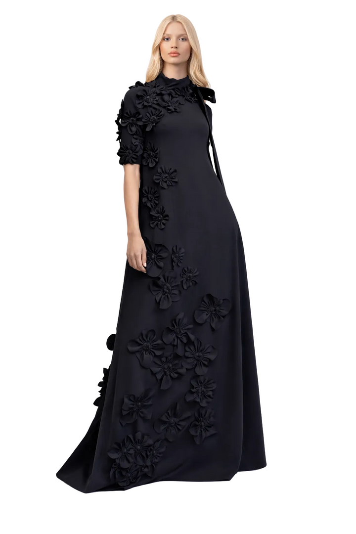 high-neck A-line gown with 3D floral appliqué – MIDNI