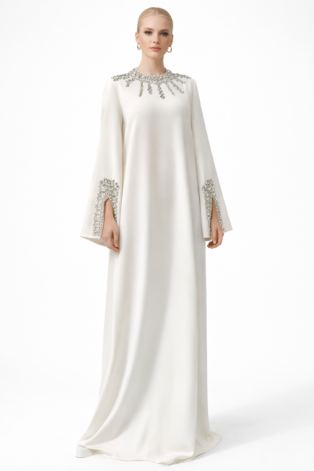 high-neck embellished kaftan maxi dress with flared sleeves – PEARL