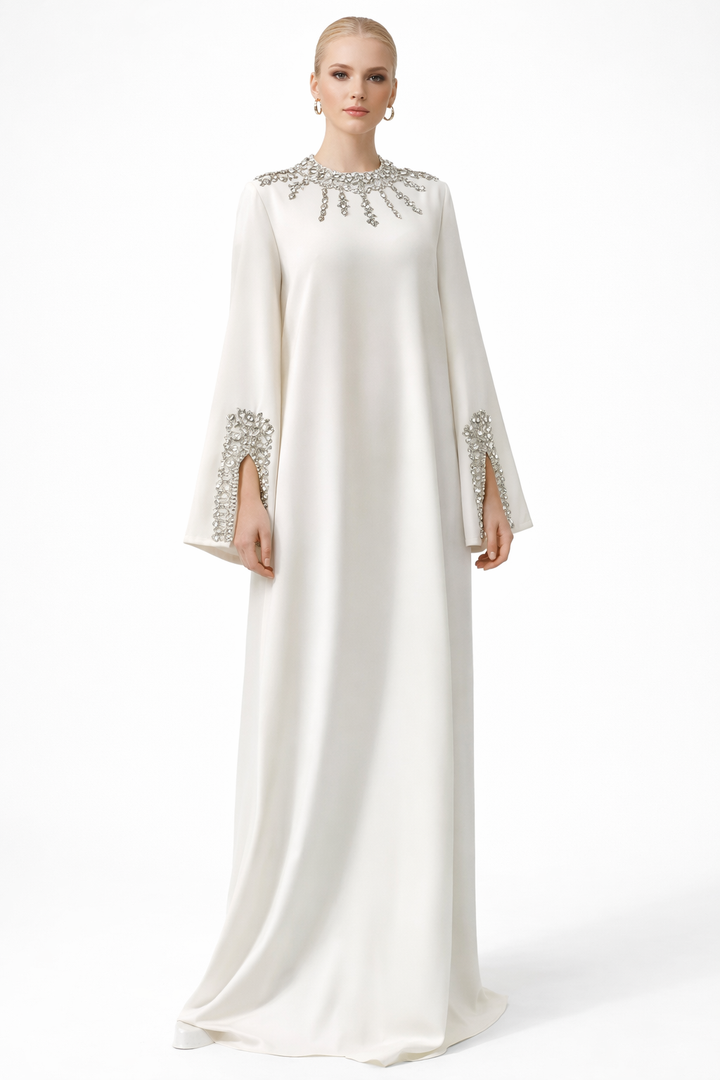 high-neck embellished kaftan maxi dress with flared sleeves – PEARL