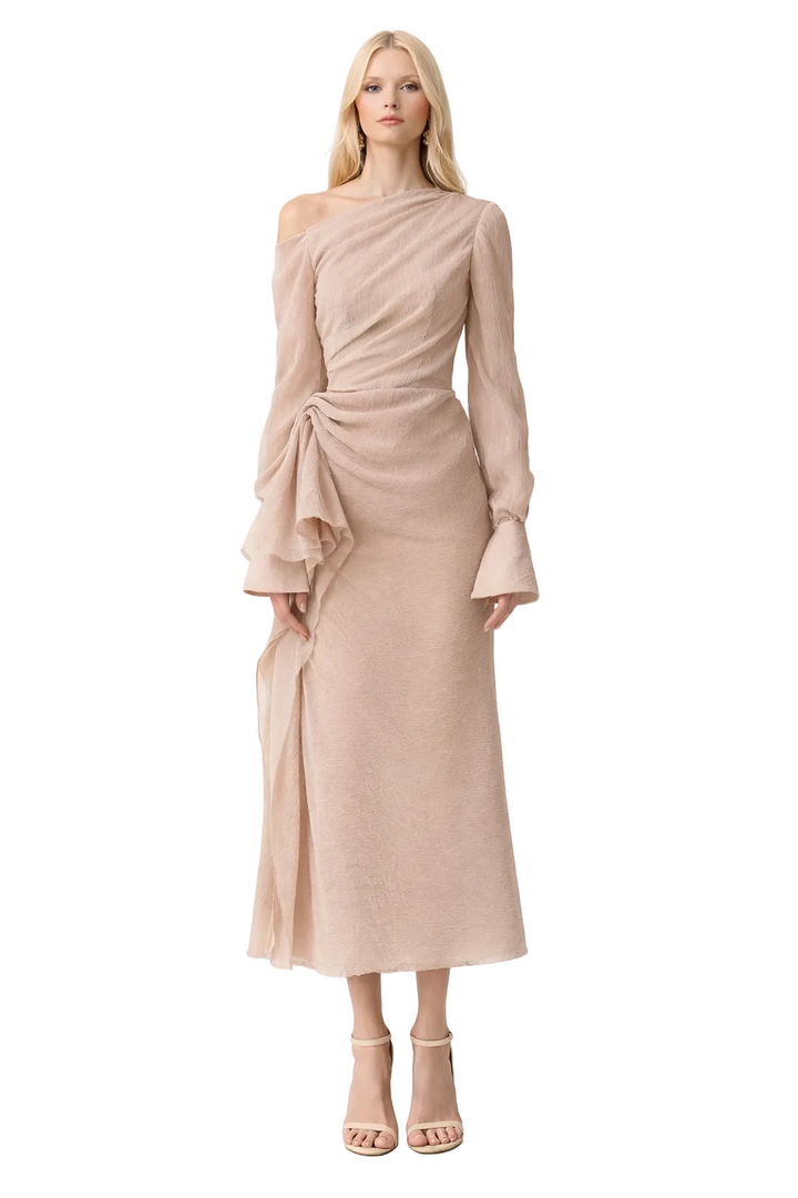 one-shoulder draped midi dress with flared sleeves – NANCE