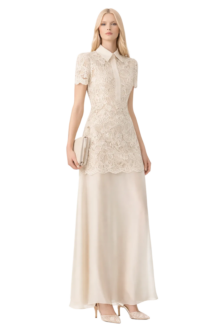 lace overlay maxi dress with collared neckline – CHACE