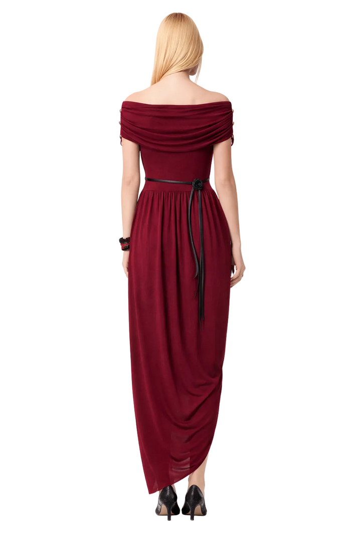 draped bateau-neck maxi dress with cinched waist tie – DRAPE