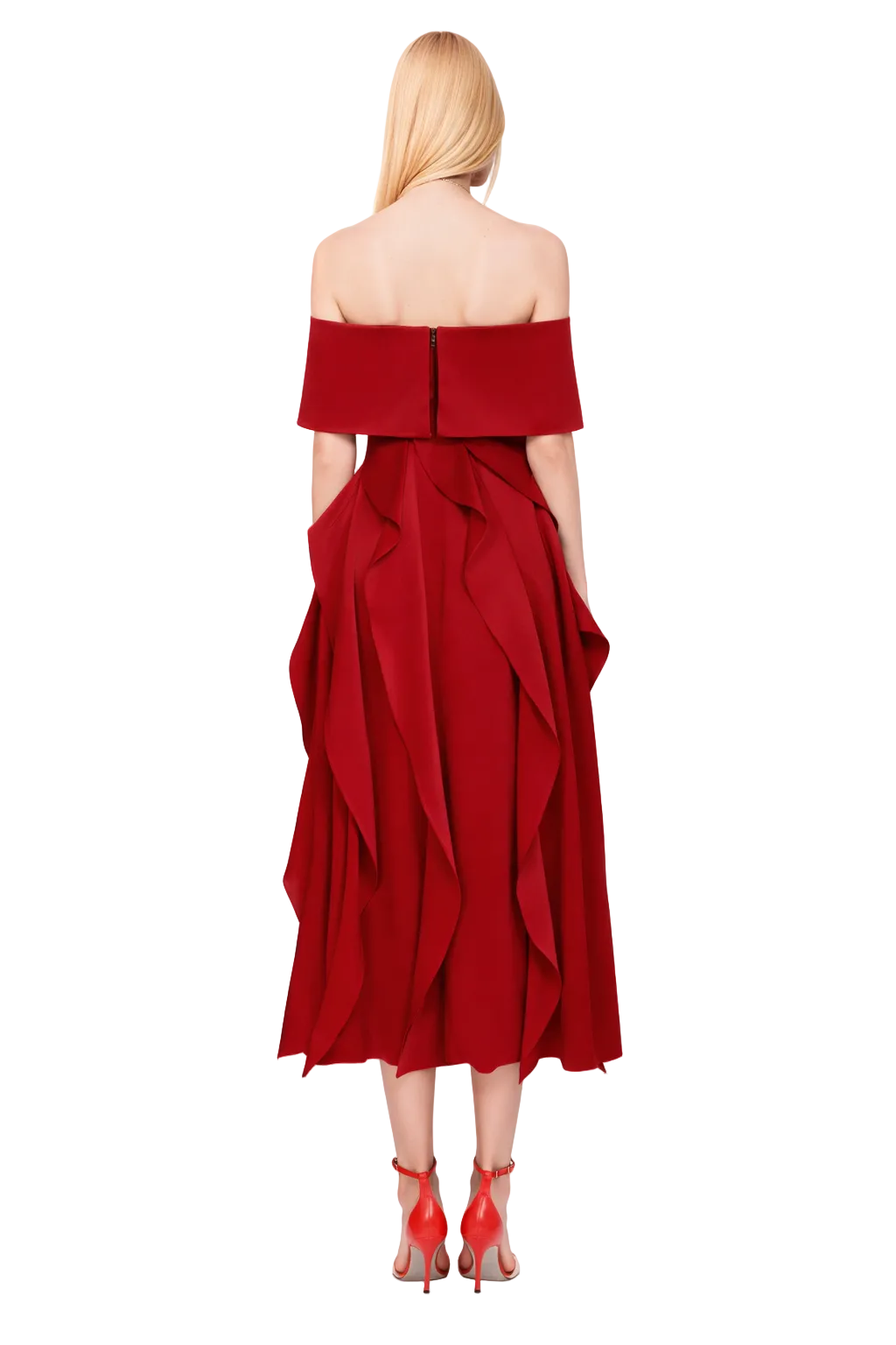 off-shoulder ruffled midi dress with structured overlay – FLAME