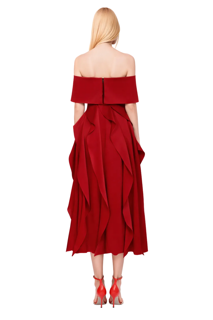 off-shoulder ruffled midi dress with structured overlay – FLAME