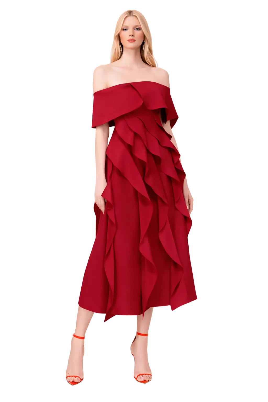 off-shoulder ruffled midi dress with structured overlay – FLAME