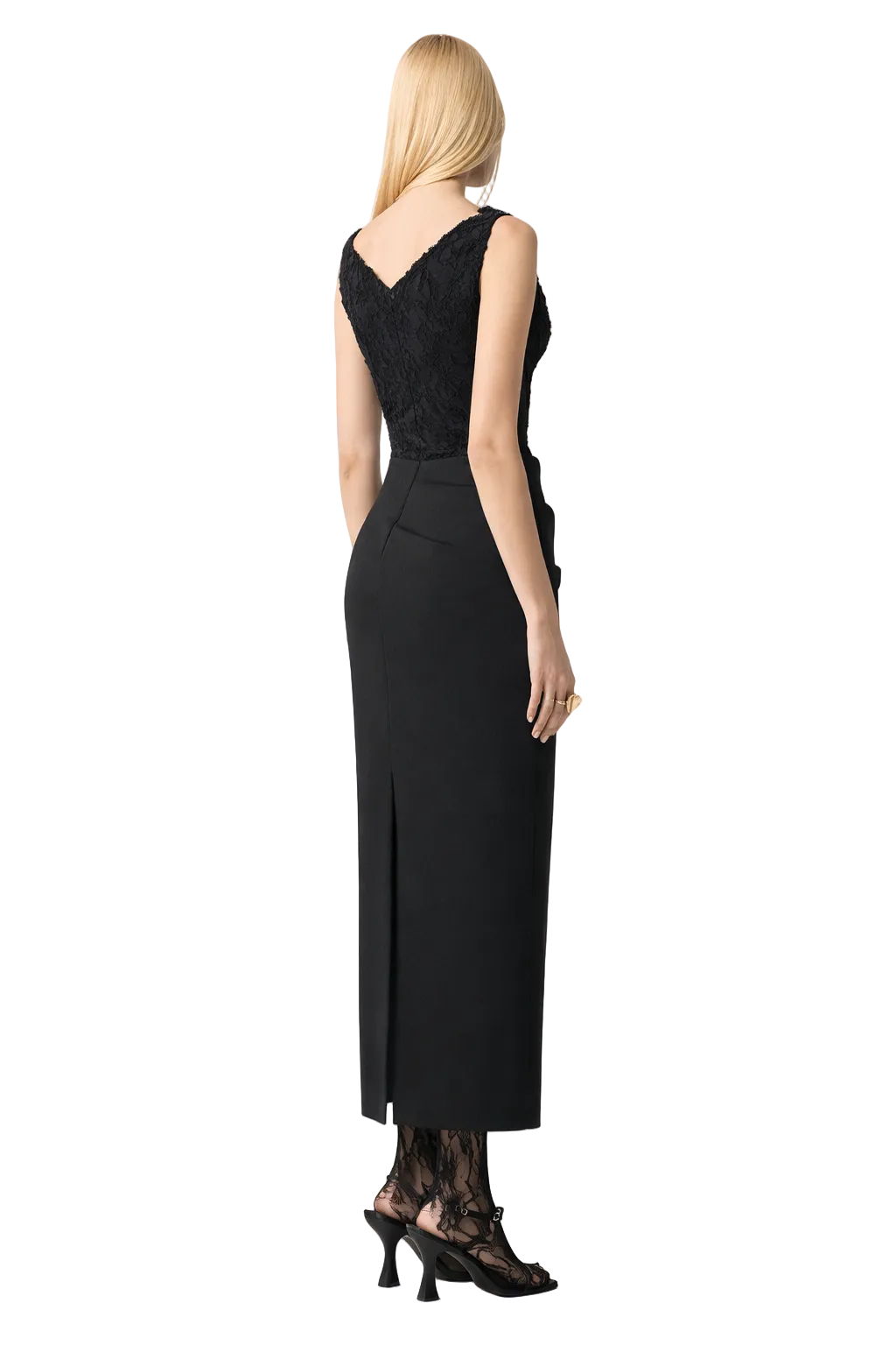 sleeveless lace bodice midi dress with draped waist detail – REFINED