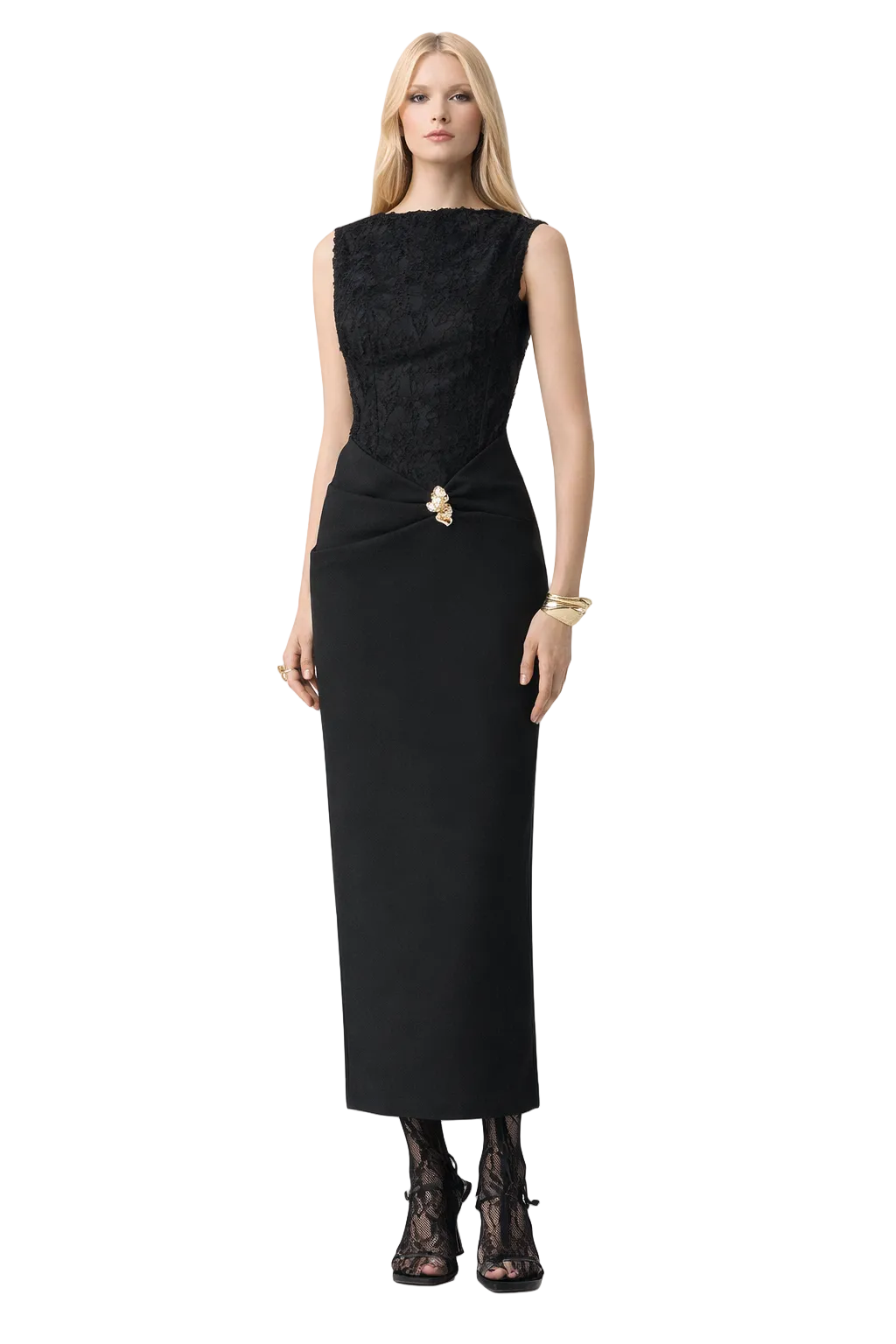 sleeveless lace bodice midi dress with draped waist detail – REFINED