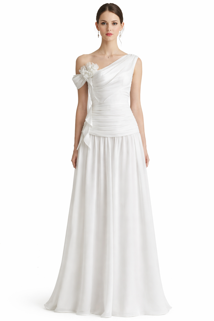 one-shoulder chiffon maxi dress with floral shoulder detail – WHISPER