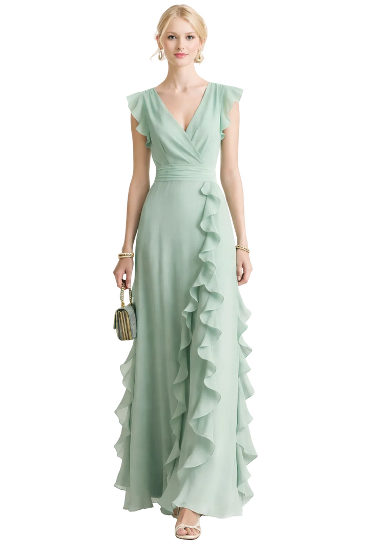 wrap-style V-neck maxi dress with cascading ruffle detail – SAGE