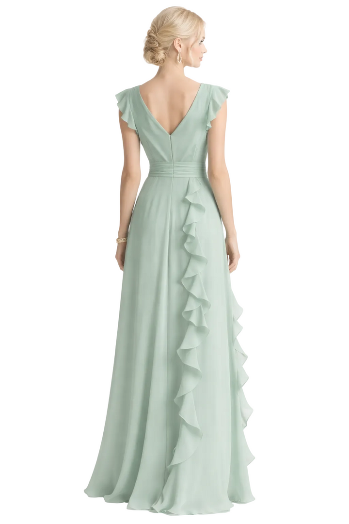 wrap-style V-neck maxi dress with cascading ruffle detail – SAGE