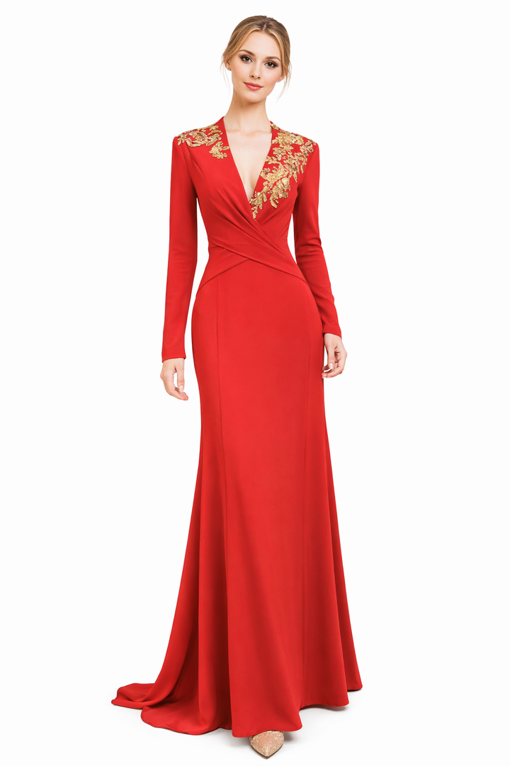 embroidered wrap-neck maxi gown with gold appliqué – SCARLÉA