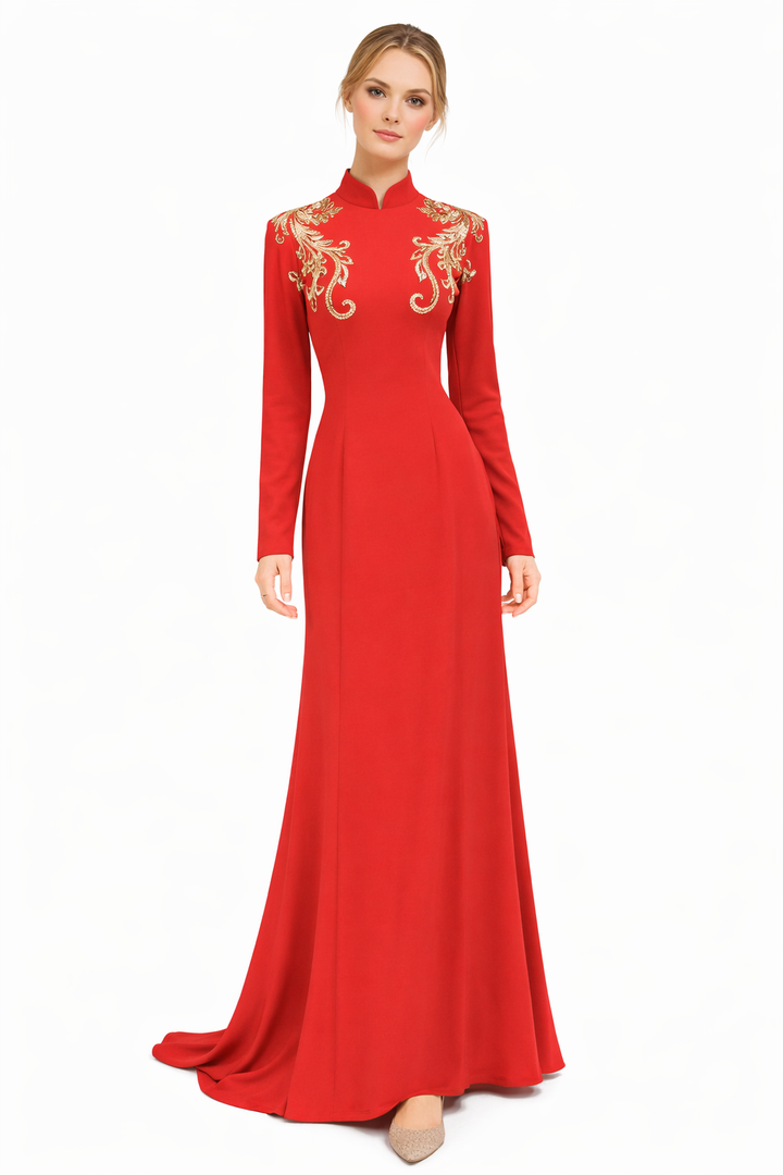 embroidered wrap-neck maxi gown with gold appliqué – SCARLÉA