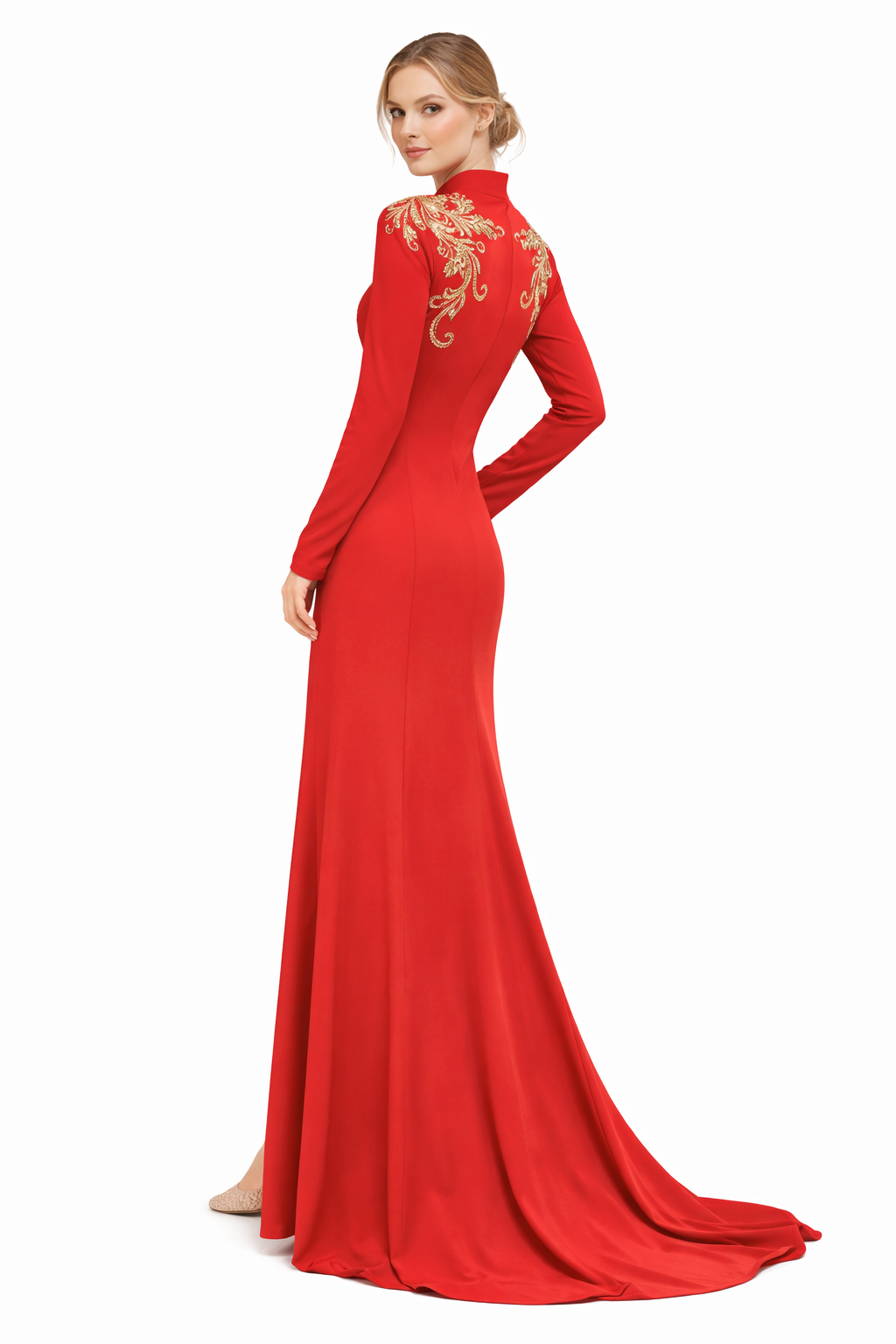 embroidered wrap-neck maxi gown with gold appliqué – SCARLÉA