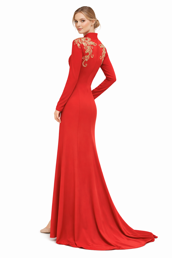 embroidered wrap-neck maxi gown with gold appliqué – SCARLÉA