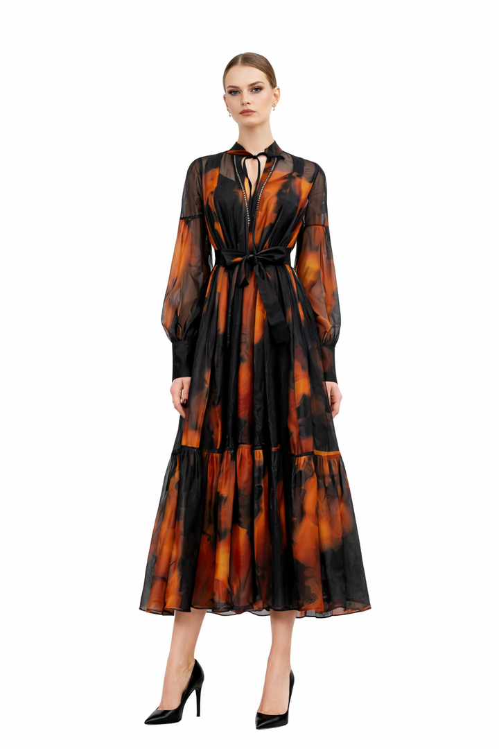 sheer midi dress with abstract print and tie waist – AMBERA