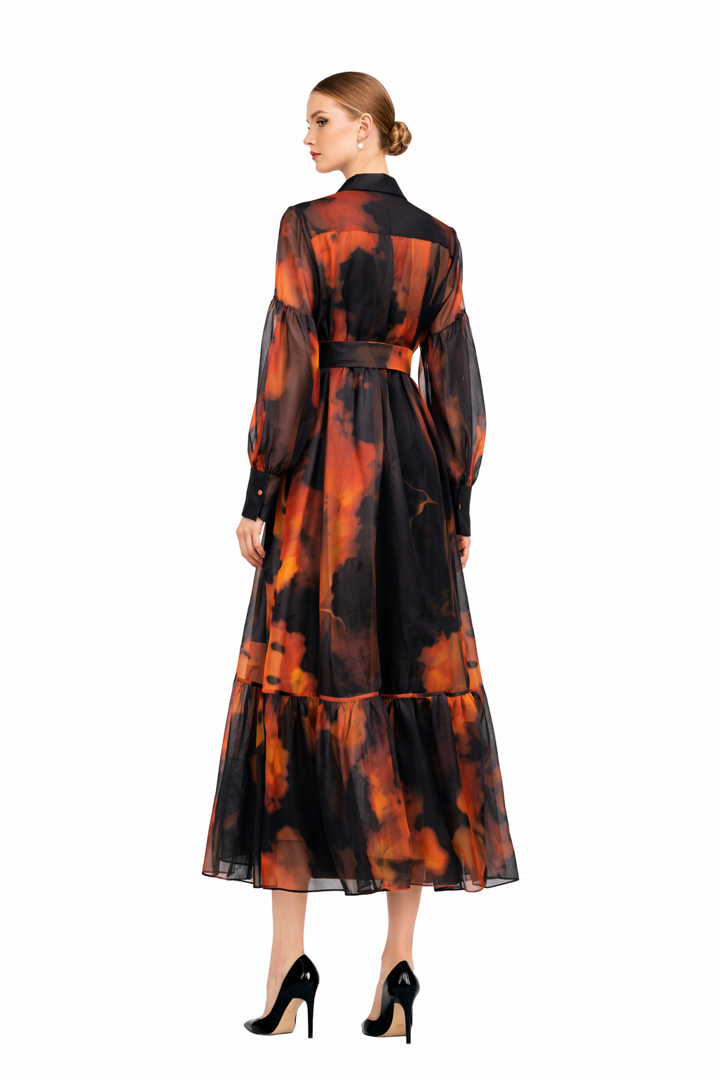 sheer midi dress with abstract print and tie waist – AMBERA