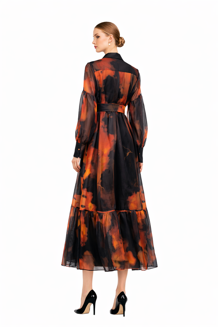 sheer midi dress with abstract print and tie waist – AMBERA