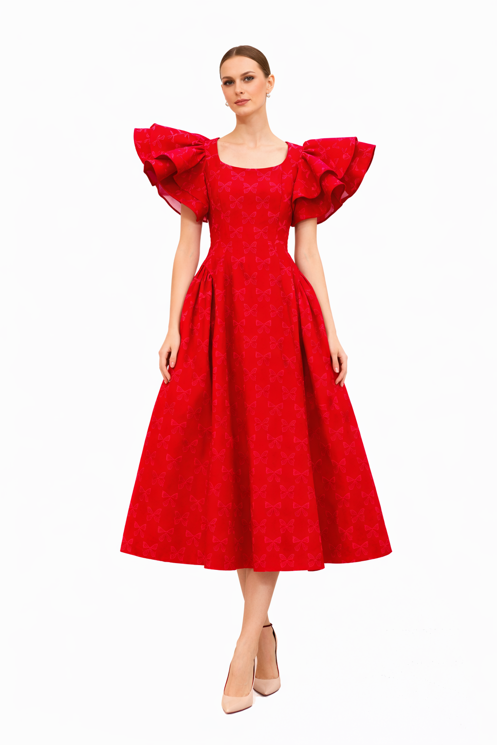 embroidered midi dress with flutter sleeves and flared skirt – BLUSHETTE