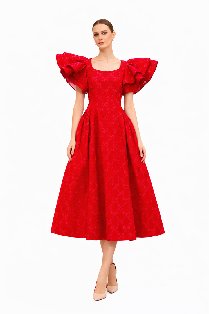embroidered midi dress with flutter sleeves and flared skirt – BLUSHETTE