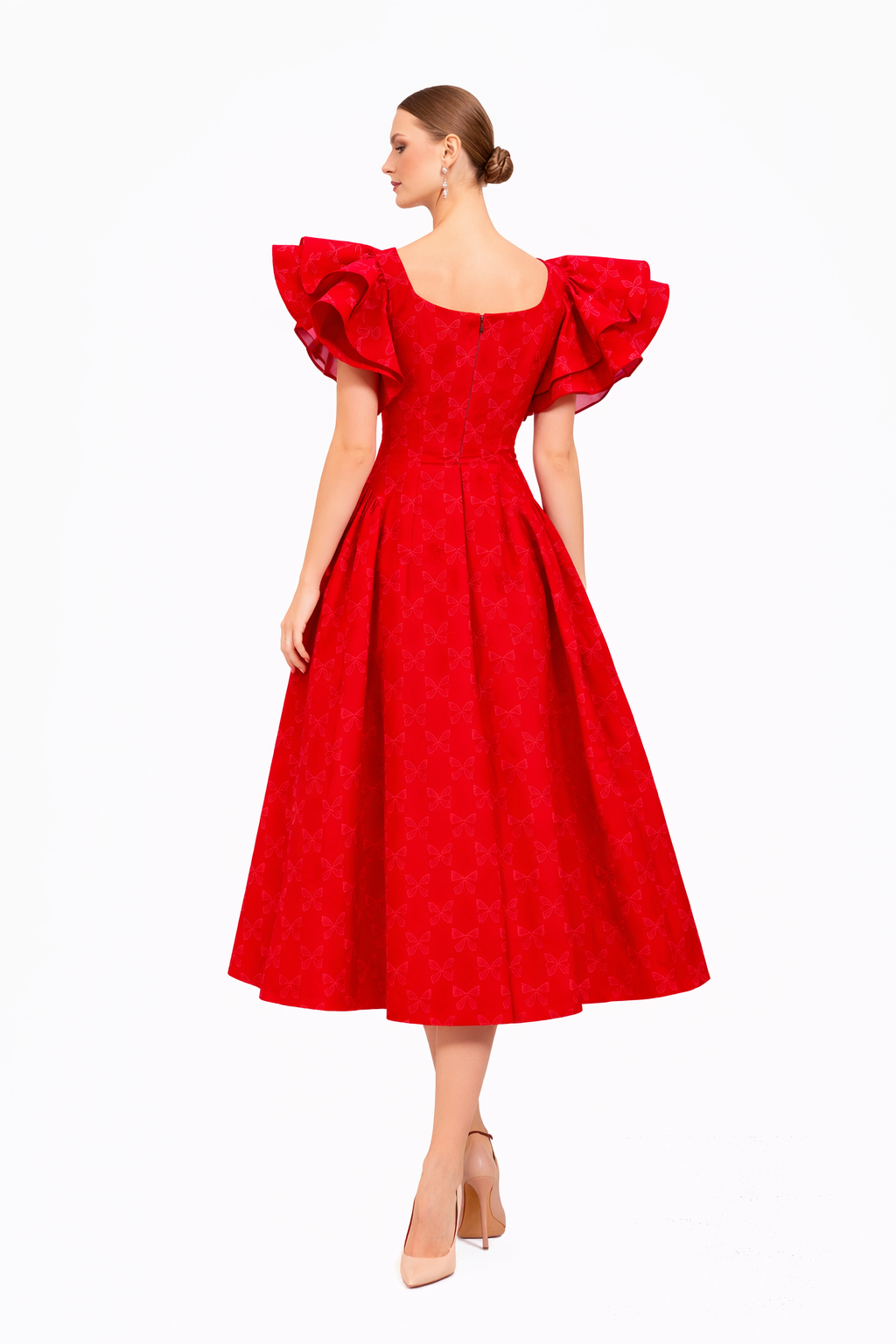 embroidered midi dress with flutter sleeves and flared skirt – BLUSHETTE