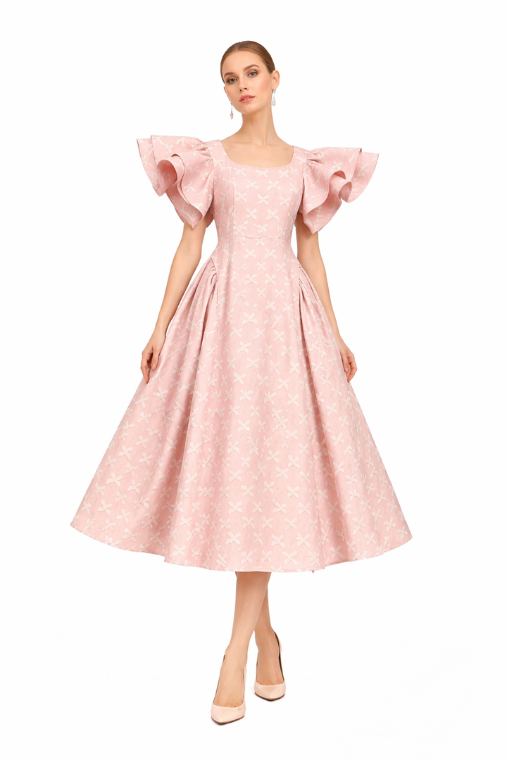 embroidered midi dress with flutter sleeves and flared skirt – BLUSHETTE