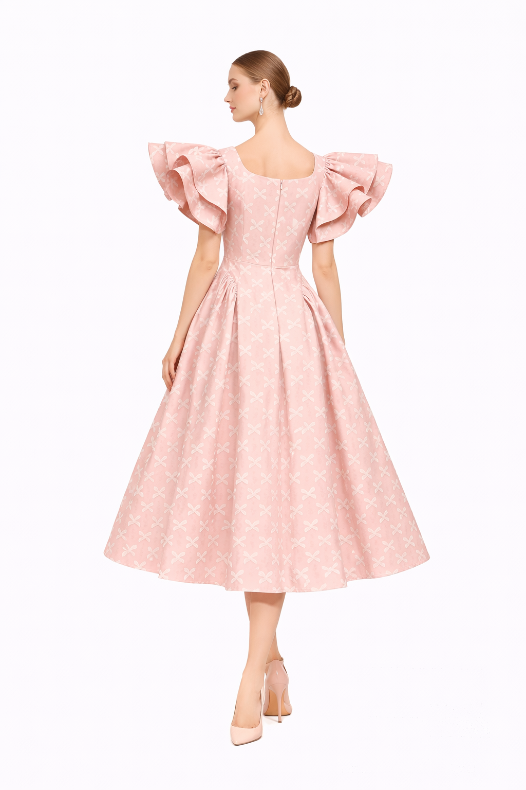 embroidered midi dress with flutter sleeves and flared skirt – BLUSHETTE