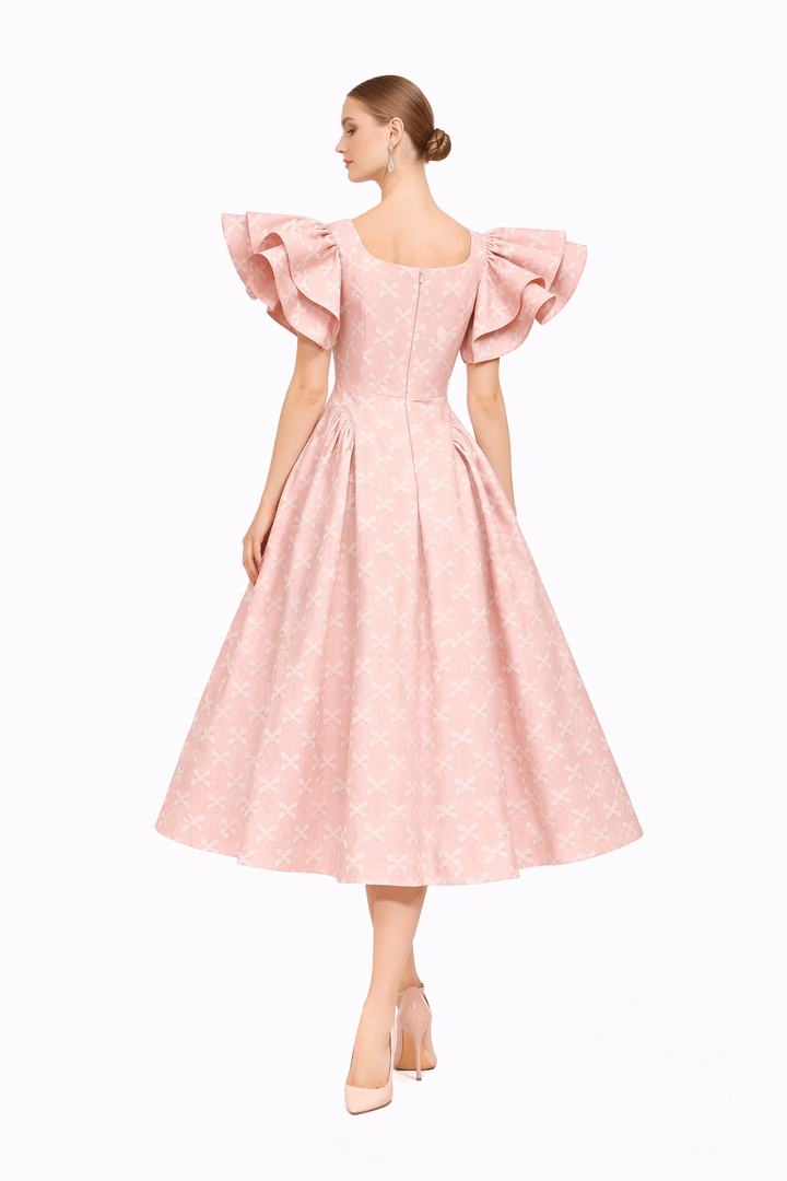 embroidered midi dress with flutter sleeves and flared skirt – BLUSHETTE