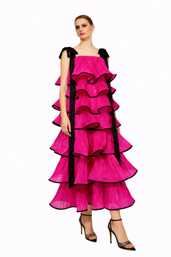 tiered ruffle midi dress with contrast trim – MAGENTA