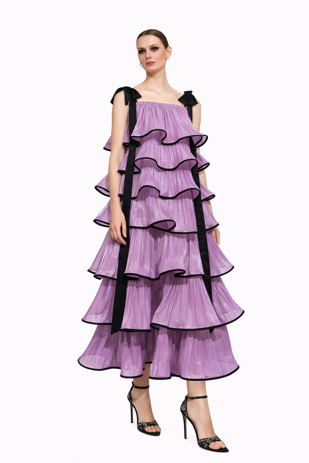 tiered ruffle midi dress with contrast trim – MAGENTA