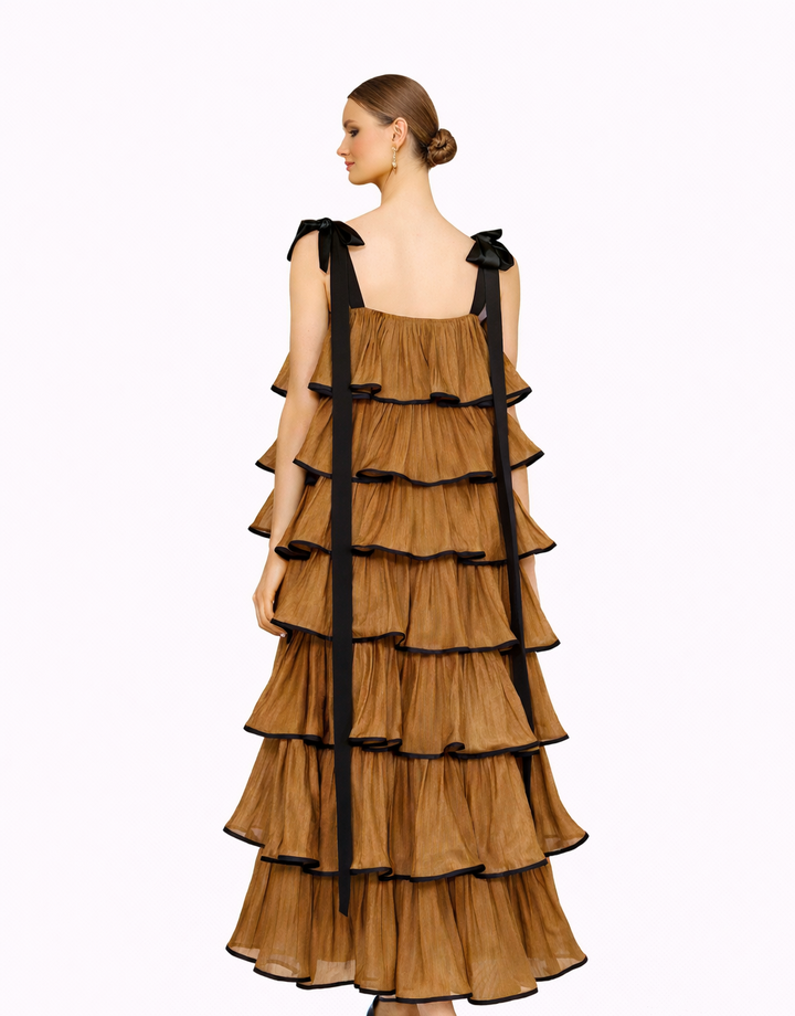 tiered ruffle midi dress with contrast trim – MAGENTA