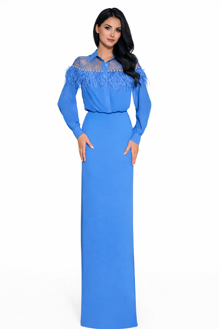 long sleeve column dress with lace yoke and feather detail – FEATHER